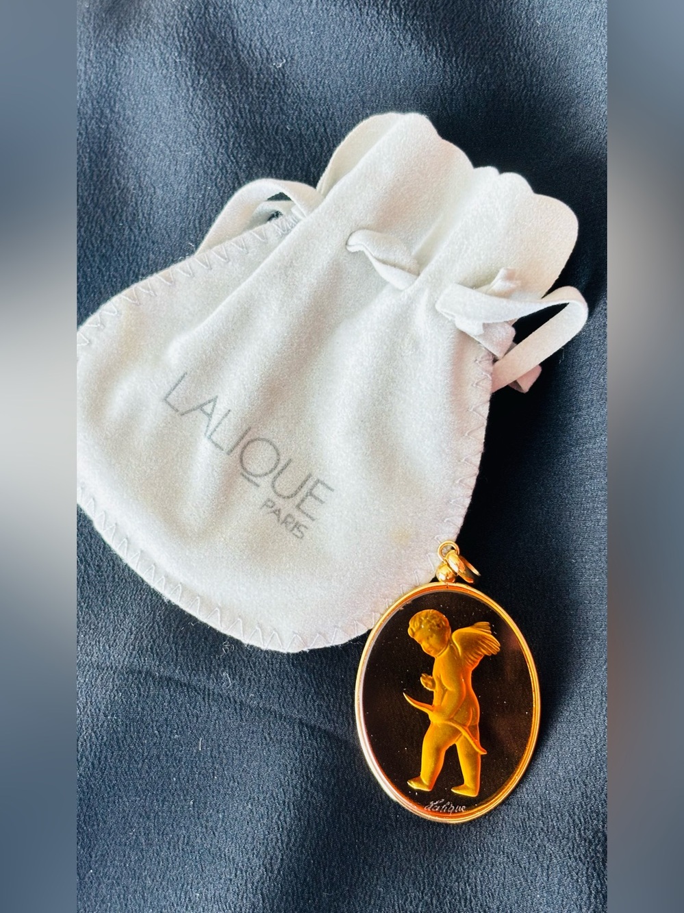 Signed Lalique Engraved Cherub Pendant with Original Soft Pouch